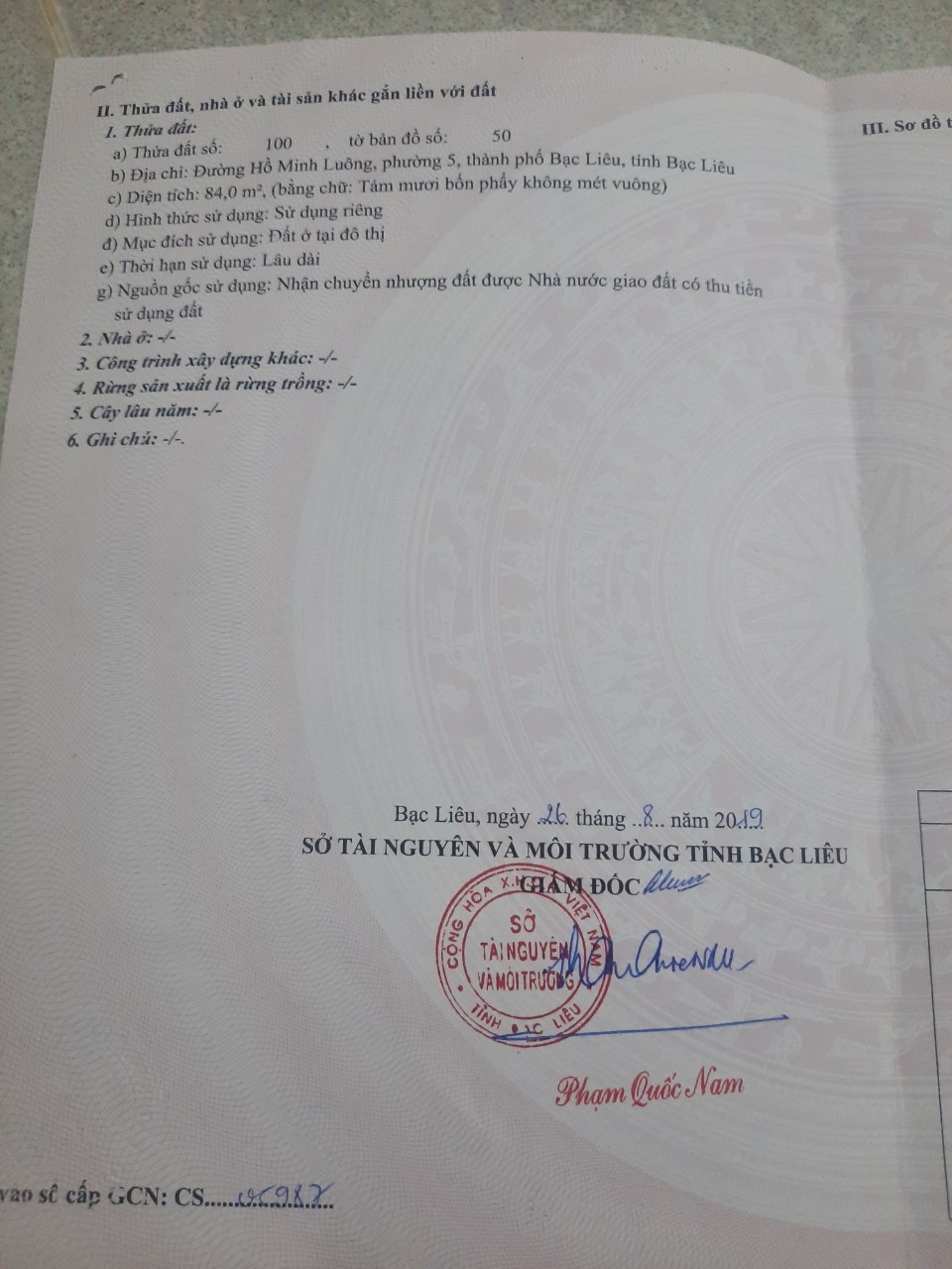 Bán đất đường Hồ Minh Luông tỉnh Bạc Liêu