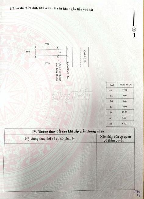 Bán đất Quốc Lộ 1A, Thị trấn Châu Hưng tỉnh Bạc Liêu