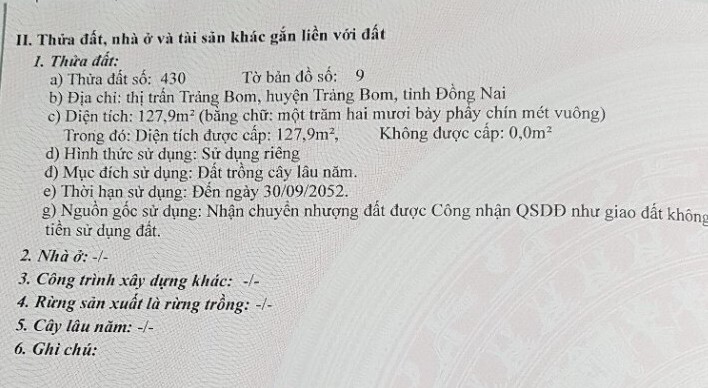 Bán đất thị trấn Trảng Bom tỉnh Đồng Nai