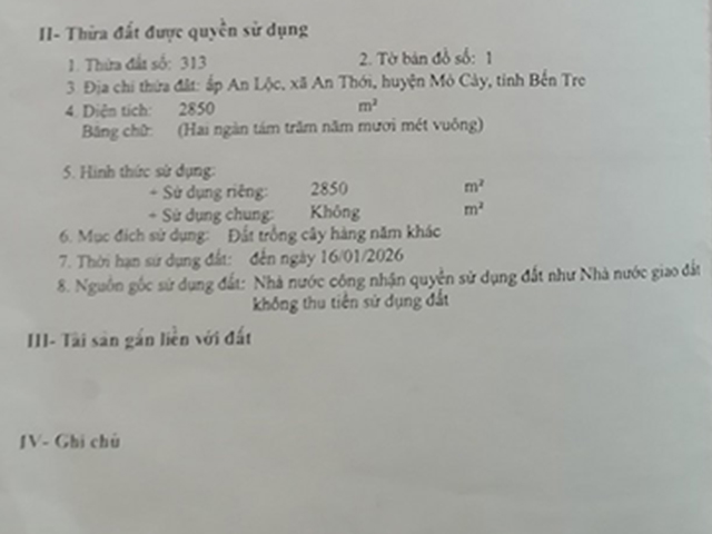 Bán đất xã An Thới, Huyện Mỏ Cày Nam, tỉnh Bến Tre