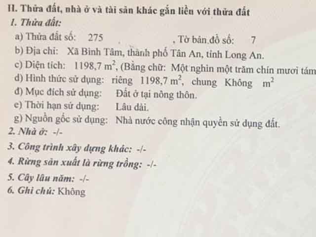 Bán đất xã Bình Tâm tỉnh Long An