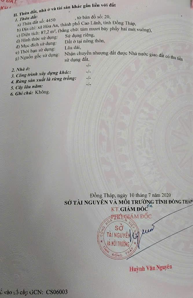 Bán đất đường Bùi Hữu Nghĩa, xã Hòa An, Thành phố Cao Lãnh, tỉnh Đồng Tháp