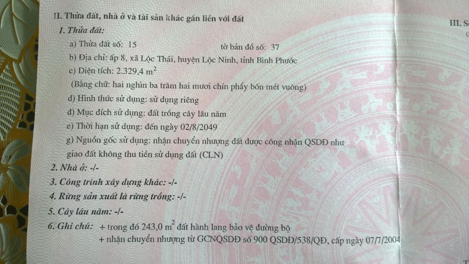 Bán đất xã Lộc Thái tỉnh Bình Phước