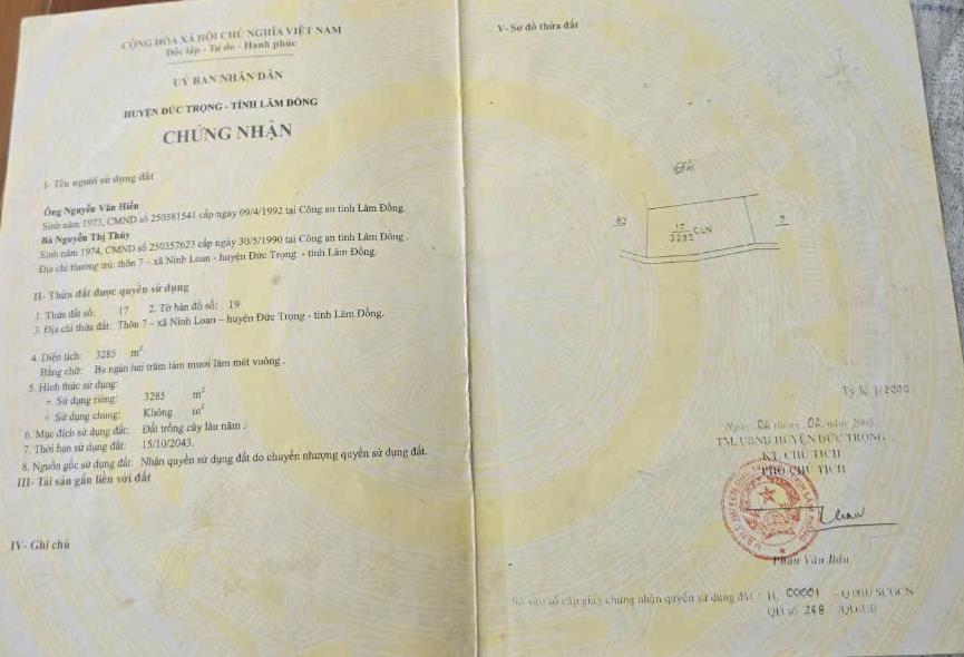 Bán đất xã Ninh Loan tỉnh Lâm Đồng