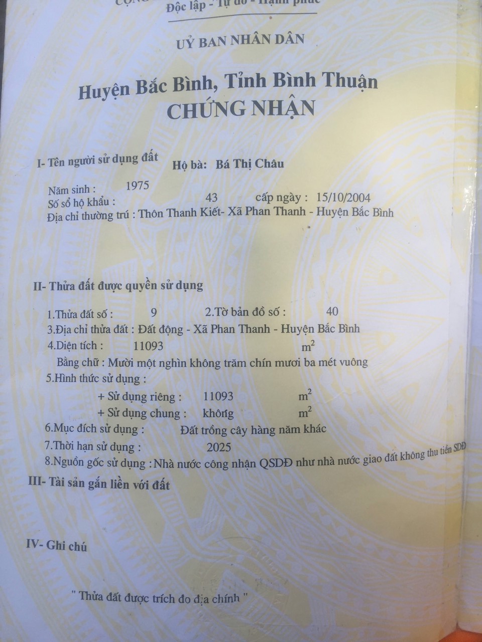 Bán đất xã Phan Thanh tỉnh Bình Thuận