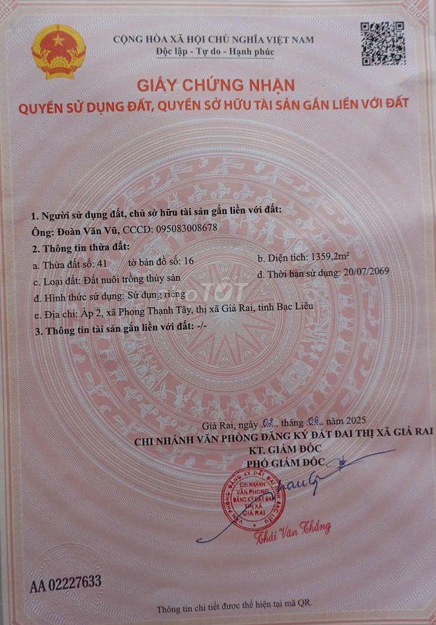 Bán đất xã Phong Thạnh Tây tỉnh Bạc Liêu