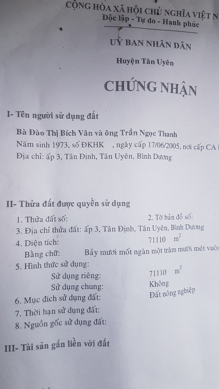 Bán đất xã Tân Định tỉnh Bình Dương
