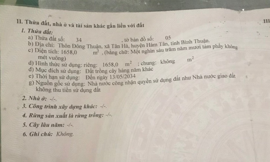 Bán đất xã Tân Hà tỉnh Bình Thuận