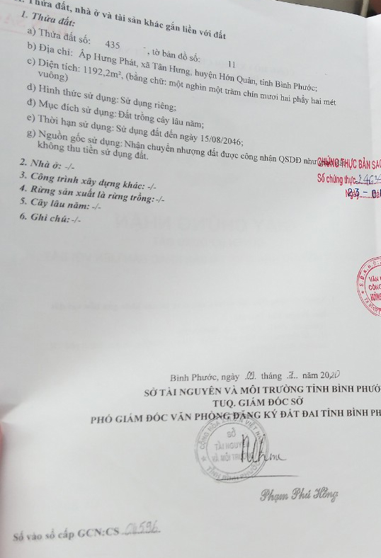 Bán đất xã Tân Hưng tỉnh Bình Phước
