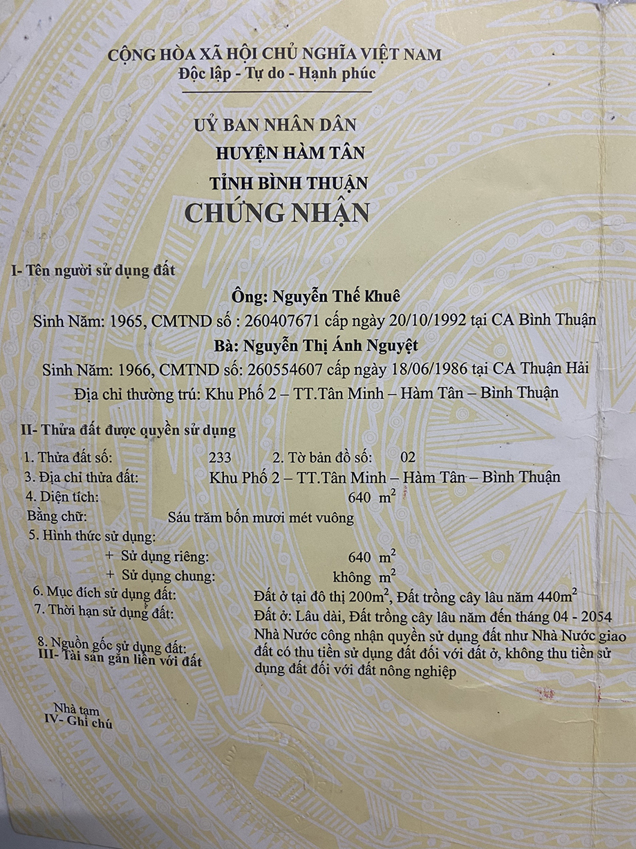 Bán đất thị trấn Tân Minh tỉnh Bình Thuận