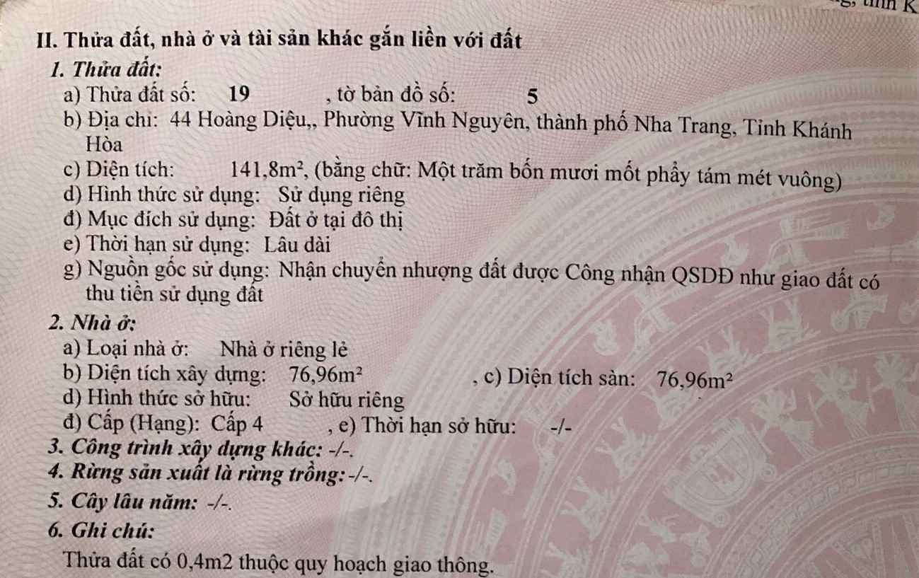 Bán đất đường Hoàng Diệu, Thành phố Nha Trang, tỉnh Khánh Hòa