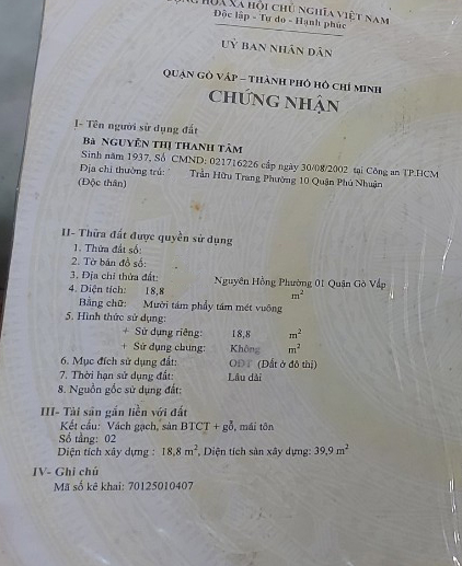 Bán nhà đường Nguyên Hồng quận Gò Vấp