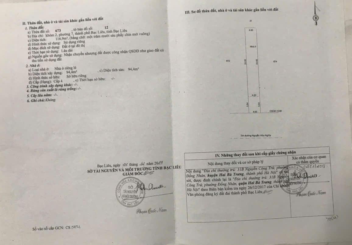 Bán nhà đường Nguyễn Hữu Nghĩa tỉnh Bạc Liêu
