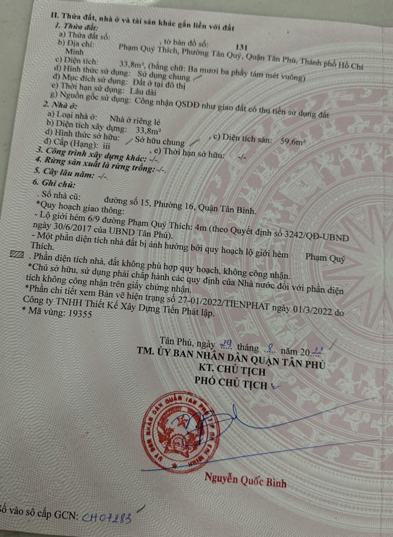 Bán nhà đường Phạm Quý Thích, phường Tân Quý, quận Tân Phú