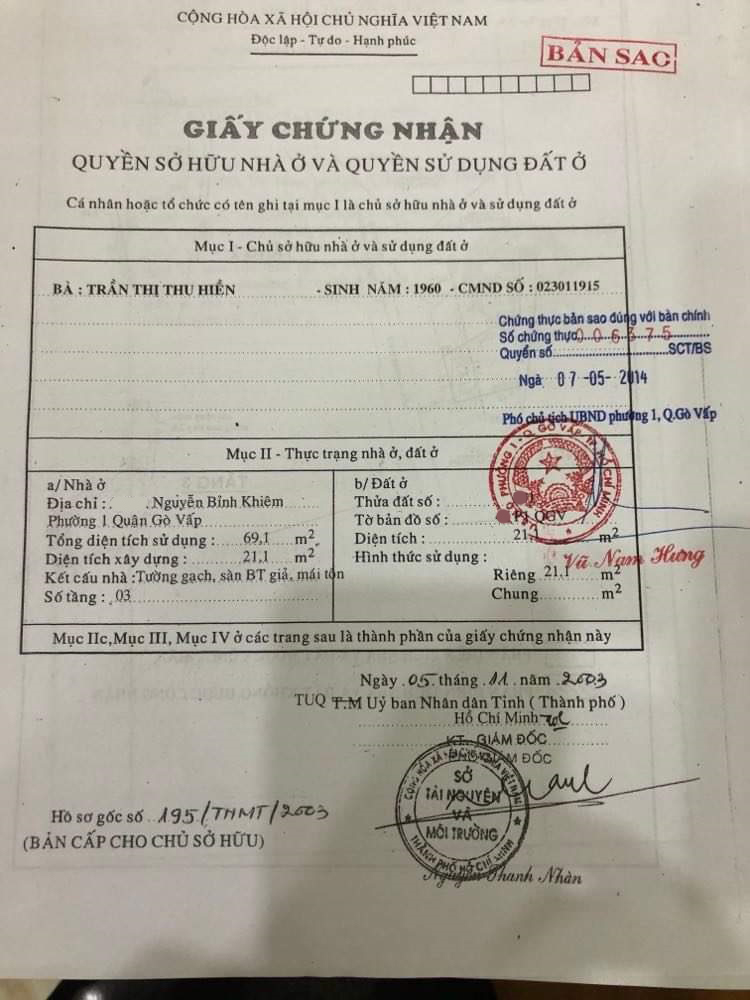 Bán nhà đường Nguyễn Bỉnh Khiêm quận Gò Vấp