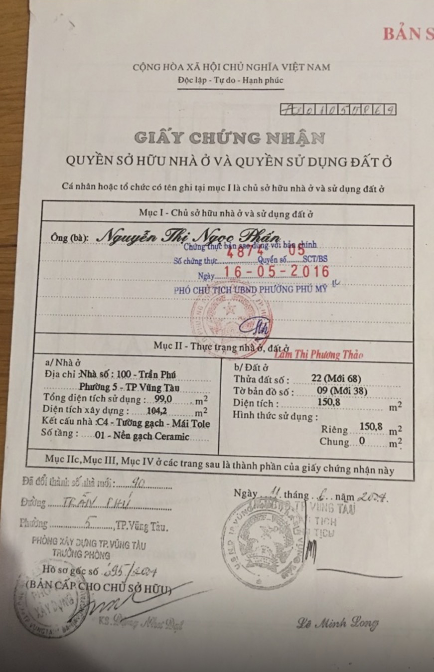 Cho thuê nhà đường Trần Phú tỉnh Bà Rịa Vũng Tàu
